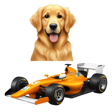 golden retriever sitting in an orange formula one car sticker