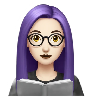 goth woman with long side parted purple hair and oval glasses, pale skin, taking notes on a tablet sticker