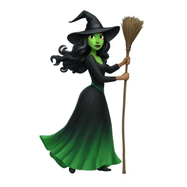 Beautiful Green witch with black hair and black dress dark on a flying broom stick  sticker