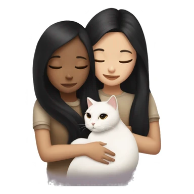 girl with very long black hair and light brown skin hugging a white cat sticker