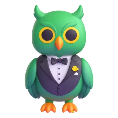 a green owl with a tuxedo, 3D emoji style sticker