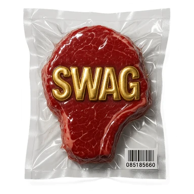 steak with gold embossed 'SWAG' text, glossy and puffy sticker