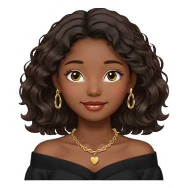 A South Korean girl with dark brown black wavy hair with middle part and layers. She is wearing a black off the shoulder long sleeve sweater, tiny gold hoop earrings and a dainty gold necklace. She is sweet and smiling with lips together sticker