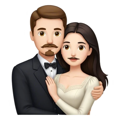 married couple portrait, tall white man with brown hair goatee mustache embracing a pale woman with long black hair, wearing formal clothing sticker