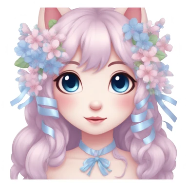 Anthro Cute Cool Blushing Pastel Innocent Shy Kawaii gorgeous sparkly ethereal fantasy anime animal creature with blue eyes furry sona with flowers and ribbons beautiful aesthetic sticker