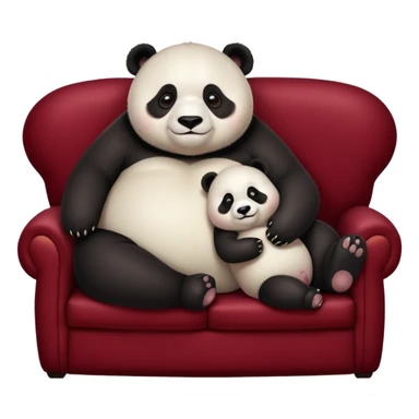 Cute overweight panda and baby snuggle on a realistic dark red velvet couch, which is too small for them. sticker