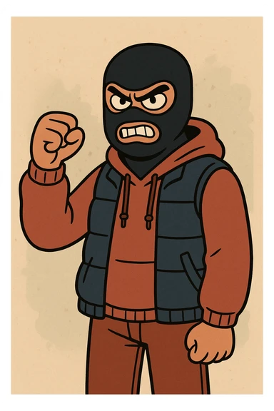 stylized thug character with a shiesty mask, bold colors, urban street style sticker