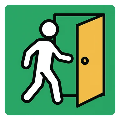 minimalistic icon of a white human figure walking through an open outlined door, viewed from the front, door with visible doorknob, solid green background, flat simple clean lines, high contrast sticker
