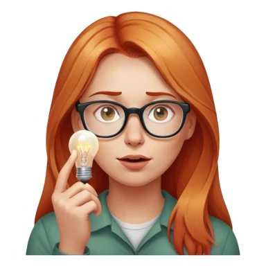 intelligent and clever, 30 year old, girl, long red and almost blond hair, glasses, has an idea, rubs her finger on the nose, light bulb over the head, casual cloth  sticker