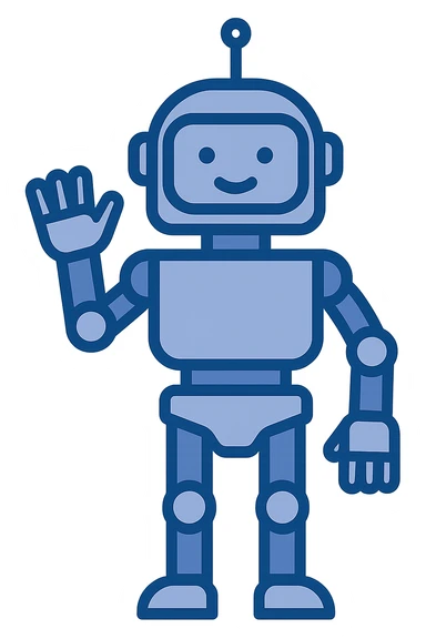 blue robot waving, friendly and simple, modern illustration style sticker