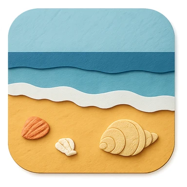 view of the ocean from the beach with sand, shells, and gentle waves in paper-craft style sticker