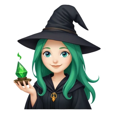 Young Witch in black robe and a witch's hat with green magic in her hand, long green hair and blue eyes smiling sticker