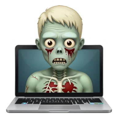 A tired sad zombie behind a laptop sticker