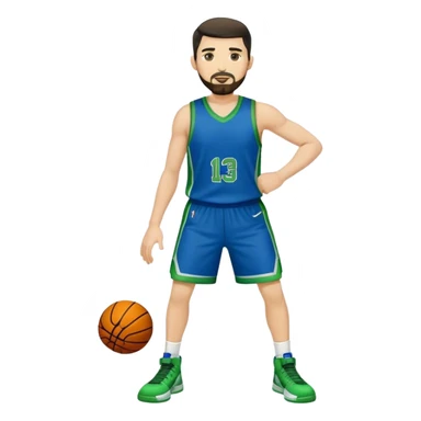 Full Body  white male basketball player with short dark hair and gold tee beard wearing blue and green uniform sticker
