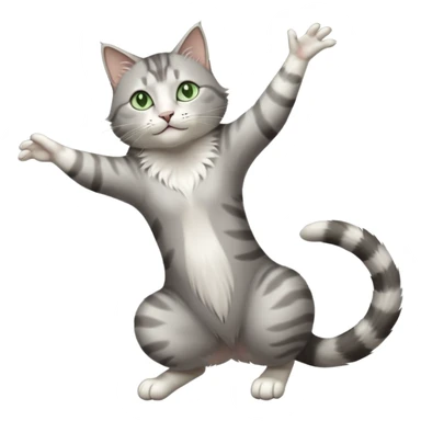 grey and white cat with green eyes doing a big extremely long stretch reaching up into the air with arms and legs side by side together straight and overextended whilst lying on its side sticker