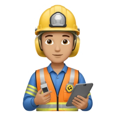 a guy wearing safety outfit with helmet holding a safety first tablet sticker