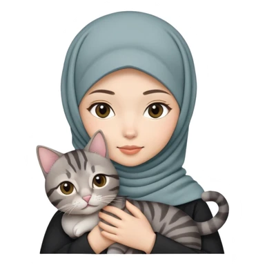 Asian white Hijab girl holding a black grey tabby cat sticker