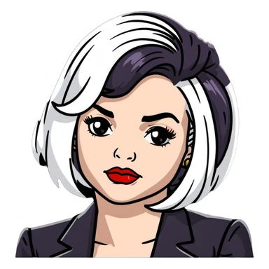 Moira Rose from Schitt's Creek saying "bébé" with dramatic facial expression, bold red lips, and black and white wig sticker