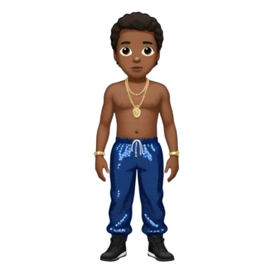 Jay-Z with dark brown hair, dark blue sequin baggy pants, shirtless with necklace  sticker