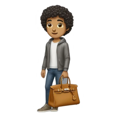 Handsome skinny latino with short curly hairs wearing a grey hermes Birkin bag sticker