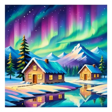 Northern lights with colors, cozy atmosphere in afremov style sticker