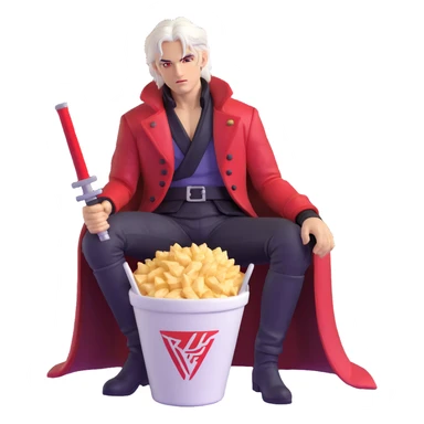 Dante from Devil May Cry sitting in a KFC bucket, red coat, white hair, rebellion sword sticker