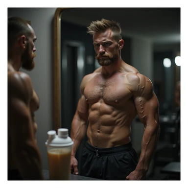 realistic bodybuilder man in cutting phase, standing in front of mirror, smaller and deflated muscles, visible but less full veins, doubtful look, gym background with dim light, protein shaker on bench sticker