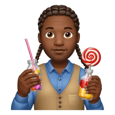 Big black man with braids hold a bottle and a lollipop sticker