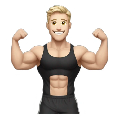 Joyful Celebrating victory Pale skinned Fit Man With the biceps and dark brown hair in black shirt, gray sports shorts and white Sneakers sticker