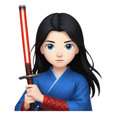 A 14 year old with red glowing katana and his hair be long and eye colour of blur sticker