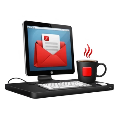 work computer with coffee and red square tag sticker