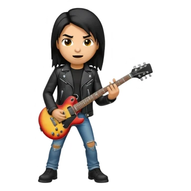 3D Apple-style emoji of a metal musician. Long hair, black leather jacket, ripped jeans, holding an electric guitar. Intense expression, glossy, rounded, smooth, soft shadows, white background.









 sticker