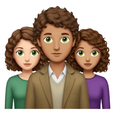 Man in the middle with brown hair and green eyes, women next to him with short brown hair with slight waves, taller women on right side with shoulder length curly hair and brown eyes sticker