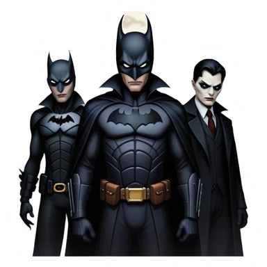 Icon for Thriller Movies: A large, dramatic collage featuring sinister villains in dark clothing. The background shows the gloomy cityscape of Gotham, with dim lighting and eerie shadows. The atmosphere should be tense, mysterious, and suspenseful. Transparent background. sticker