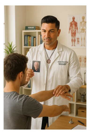 a middle-aged man, dressed in casual professional attire, is in a bright, organized therapy studio. Durante una visita di kinesiologia, il ragazzo tiene con una mano la foto di una persona lontana (il “testimone”) tiene la foto in mano, mentre con l’altra mano esegue un test muscolare su un cliente presente senza foto lui non tiene la foto. Sullo sfondo si vedono libri di kinesiologia, poster anatomici e strumenti tipici della disciplina. L’atmosfera è concentrata e serena, con luce naturale che entra dalla finestra, sottolineando l’aspetto alternativo e umano della pratica. sticker