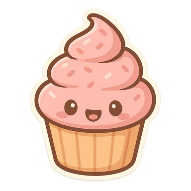 cupcake with pink icing, cute cartoon style sticker
