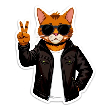 Cool brown cat in sunglasses wearing leather jacket making peace sign  sticker