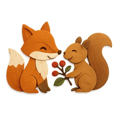 a fox and squirrel sharing berries, forest friendship scene sticker