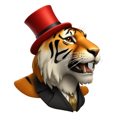 saber tooth tiger with red fur and long canine teeth with a top hat on top  sticker