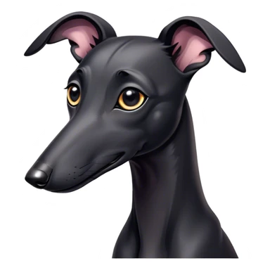 Cinematic Cute Black Greyhound Portrait Emoji, Head tilted playfully and inquisitively, featuring a smooth, shiny jet-black Fur and round, sparkling dark eyes filled with curiosity, Simplified yet irresistibly adorable features, highly detailed, glowing with a warm, friendly glow, high shine, affectionate and agile, stylized with a touch of whimsy, bright and endearing, soft glowing outline, capturing the essence of a mischievous yet loving racer, so playful it feels like it could dash out of the screen and into your arms! sticker