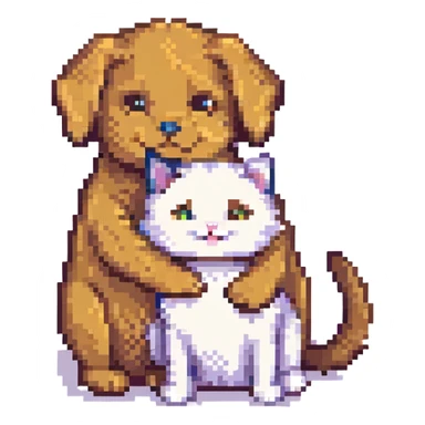 pixel art style cat hugging dog, both smiling sticker