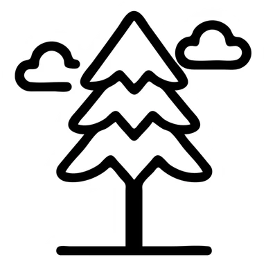 simple single evergreen tree with clouds in Scandinavian folk art style, dark neutral forest color tones, illustrated outlines, suitable for favicon sticker