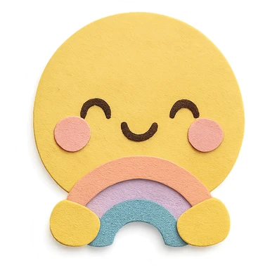 kawaii yellow sun, hugging tiny rainbow arc, soft pastel palette, no arms or legs, transparent background, full body, paper craft style sticker