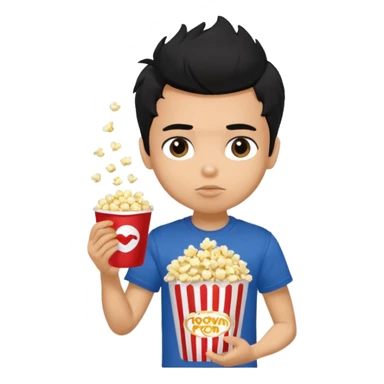 generate a pretty tan bratz boy with a dark blue tshirt on. eating popcorn. messy black hair sticker