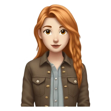 White fair skin, long hair, woman, feminine, straight hair in a wolf haircut, ginger coloured hair, grundge aesthetic, beautiful face, British, stylist, aesthetic, side bangs, front bangs, teen, full body, slim, she’s wearing a cowboy outfit sticker