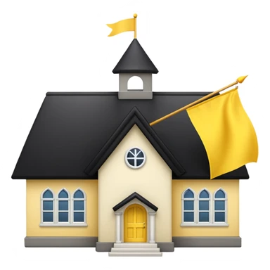 simple magic school, low detail, white background, magic school, black roof, with a big flag, big flag on a roof, big yellow flag, white school sticker