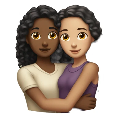 a brown skinned woman with long brown curly hair hugging a younger white skinned girl with straight black hair sticker