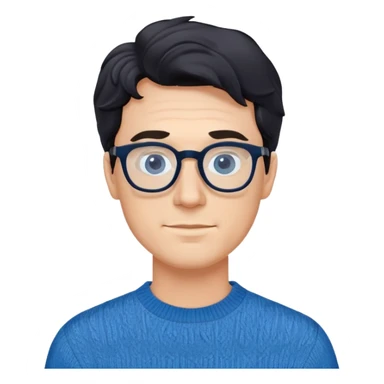 Caucasian male with wavy black hair wearing eyeglasses and a blue long sleeve pullover sweater sticker
