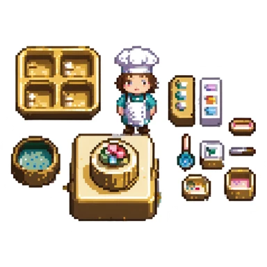 An elegant master baker in a pristine patisserie. He works atop a polished marble counter with porcelain molds and gold-trimmed tools. The interface mimics porcelain scrollwork, with soft pastel colors and delicate ceramic textures. sticker