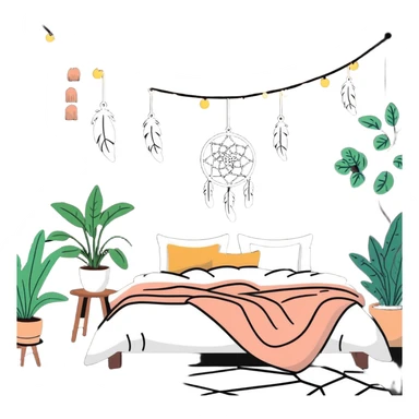 boho bedroom with hanging plants, dreamcatcher, fluffy rug, and string lights sticker